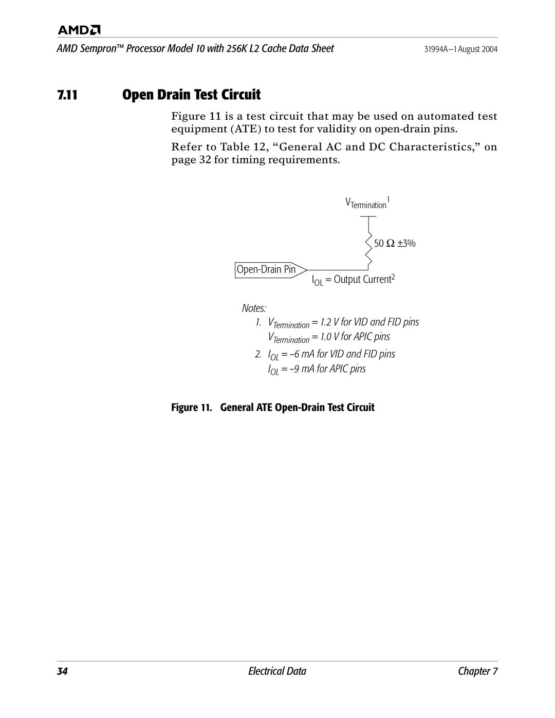 AMD 10 manual Open Drain Test Circuit, 50 Ω ±3% Open-Drain Pin IOL = Output Current2 