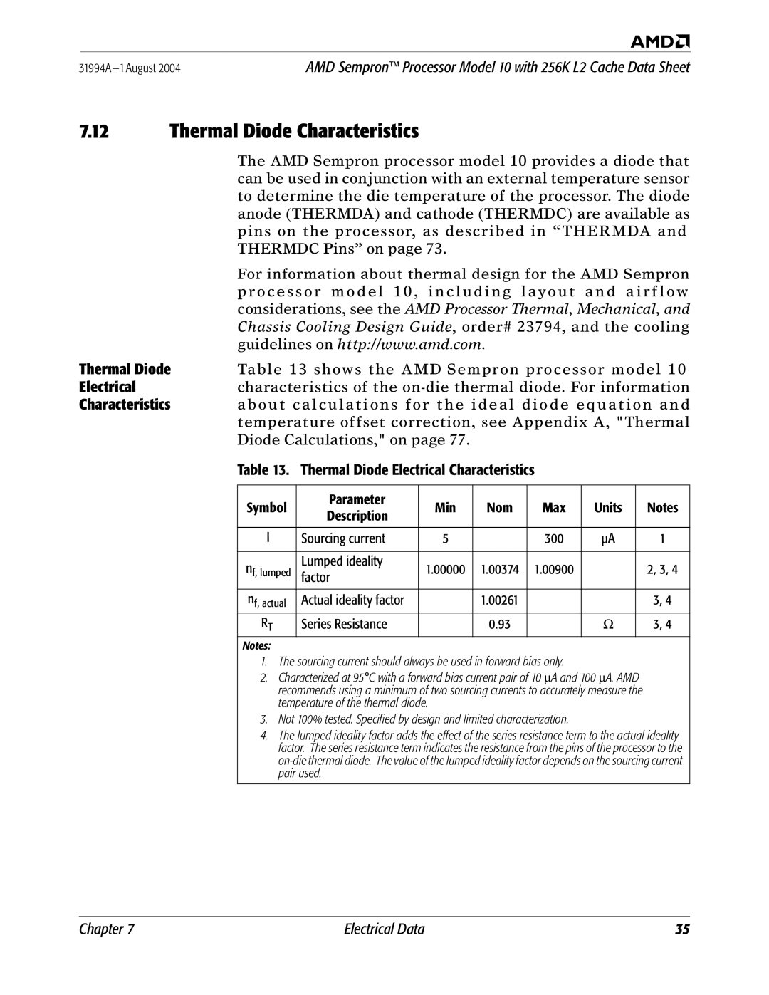 AMD 10 manual Thermal Diode Characteristics, Thermal Diode Electrical Characteristics 