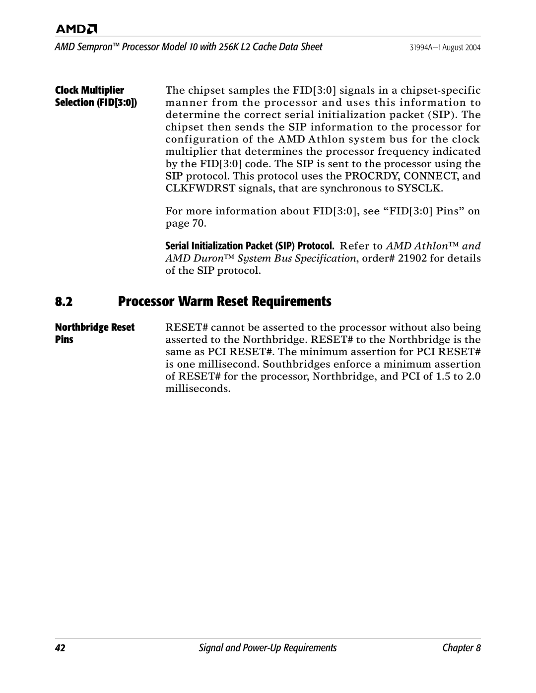 AMD 10 manual Processor Warm Reset Requirements, Clock Multiplier, Selection FID30 