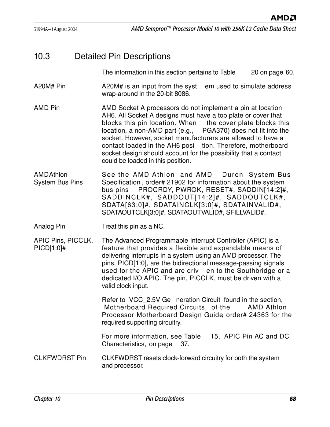 AMD 10 manual Detailed Pin Descriptions 