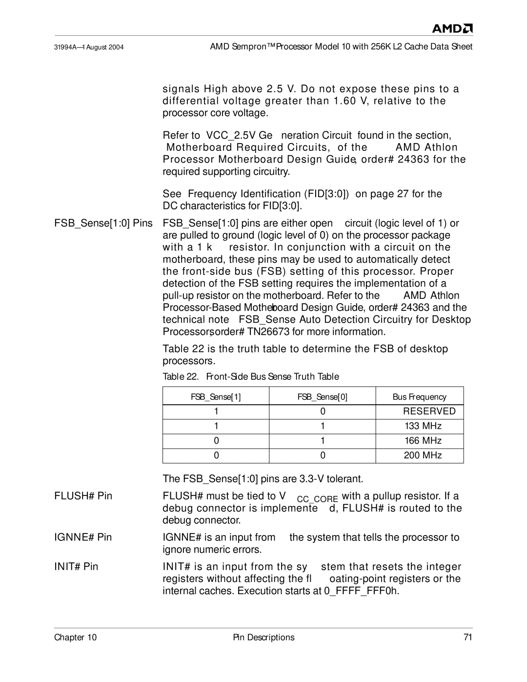 AMD 10 manual Front-Side Bus Sense Truth Table, FLUSH# Pin, IGNNE# Pin, INIT# Pin, FSBSense1 FSBSense0 Bus Frequency 