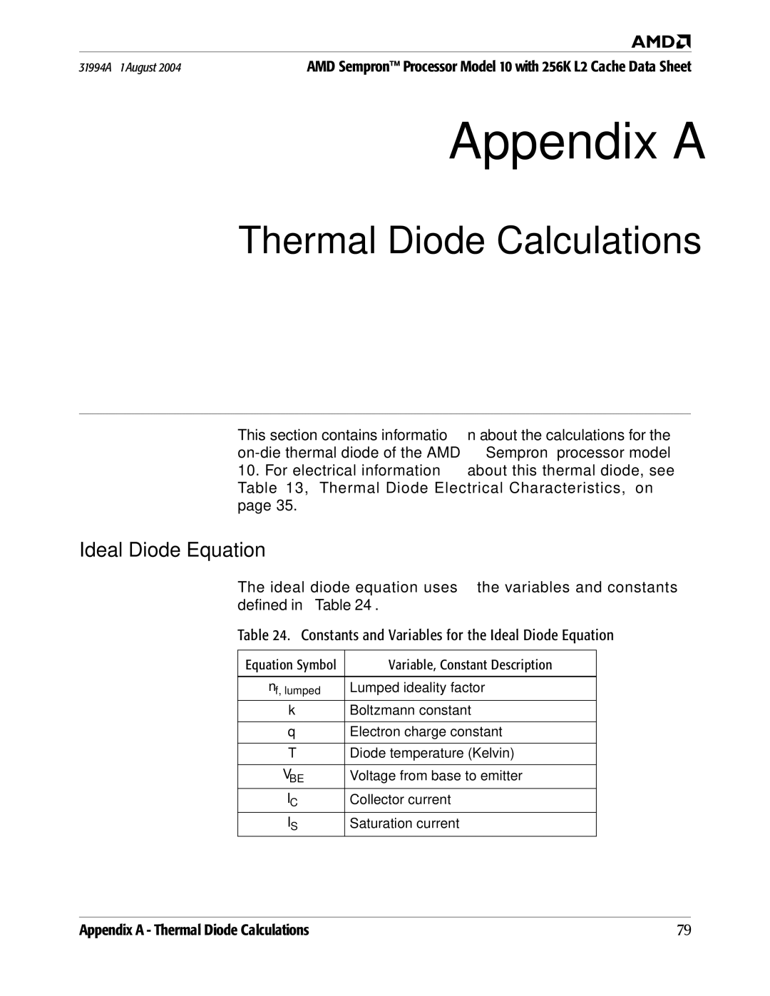 AMD 10 manual Constants and Variables for the Ideal Diode Equation 