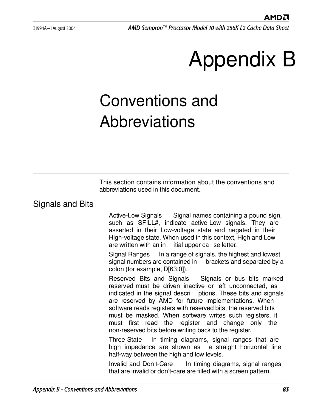 AMD 10 manual Appendix B, Signals and Bits 