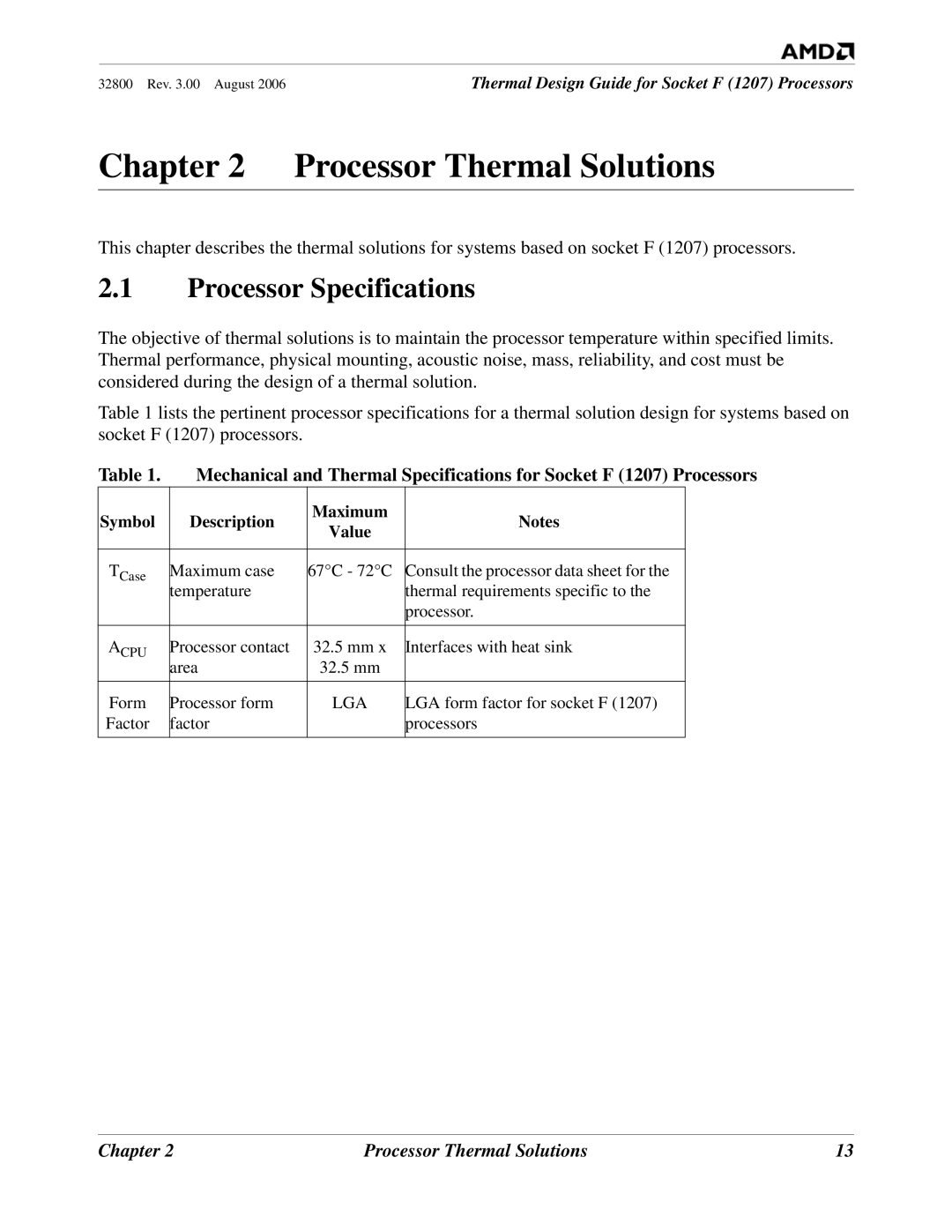 AMD 1207 manual Processor Specifications, Chapter Processor Thermal Solutions 