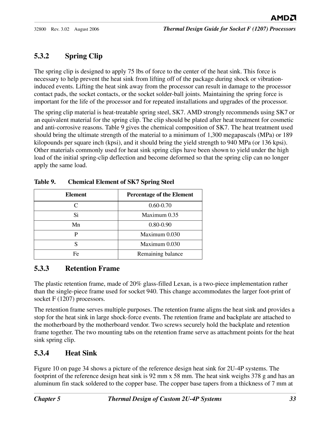 AMD 1207 manual Spring Clip, Chemical Element of SK7 Spring Steel 