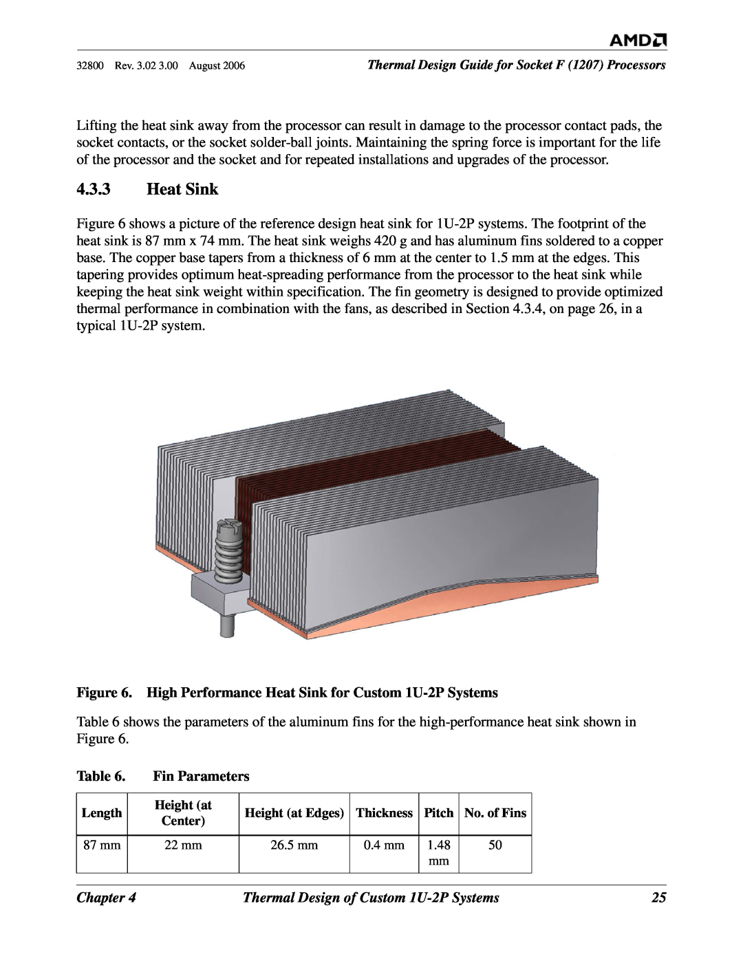 AMD 1207 manual High Performance Heat Sink for Custom 1U-2P Systems, Fin Parameters, Chapter 