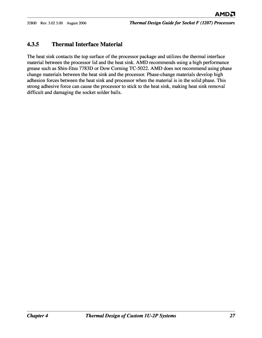 AMD 1207 manual Thermal Interface Material, Chapter, Thermal Design of Custom 1U-2P Systems 