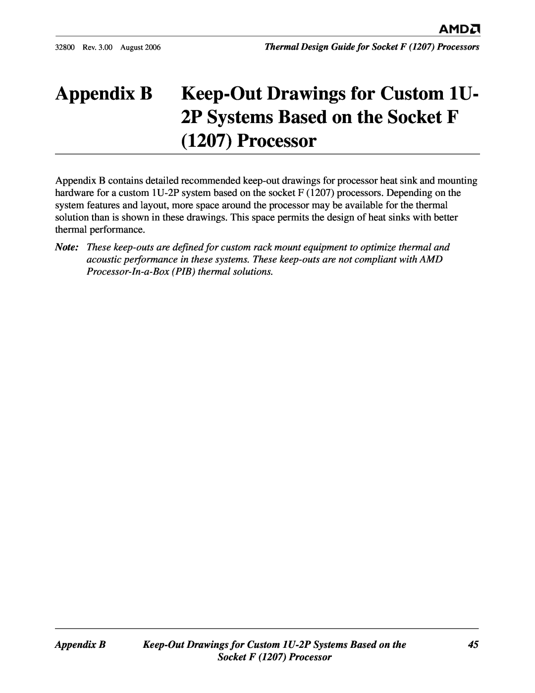 AMD manual Appendix B, Socket F 1207 Processor, Keep-Out Drawings for Custom 1U-2P Systems Based on the 