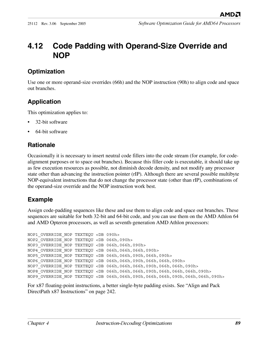 AMD 250 manual Code Padding with Operand-Size Override, Nop 