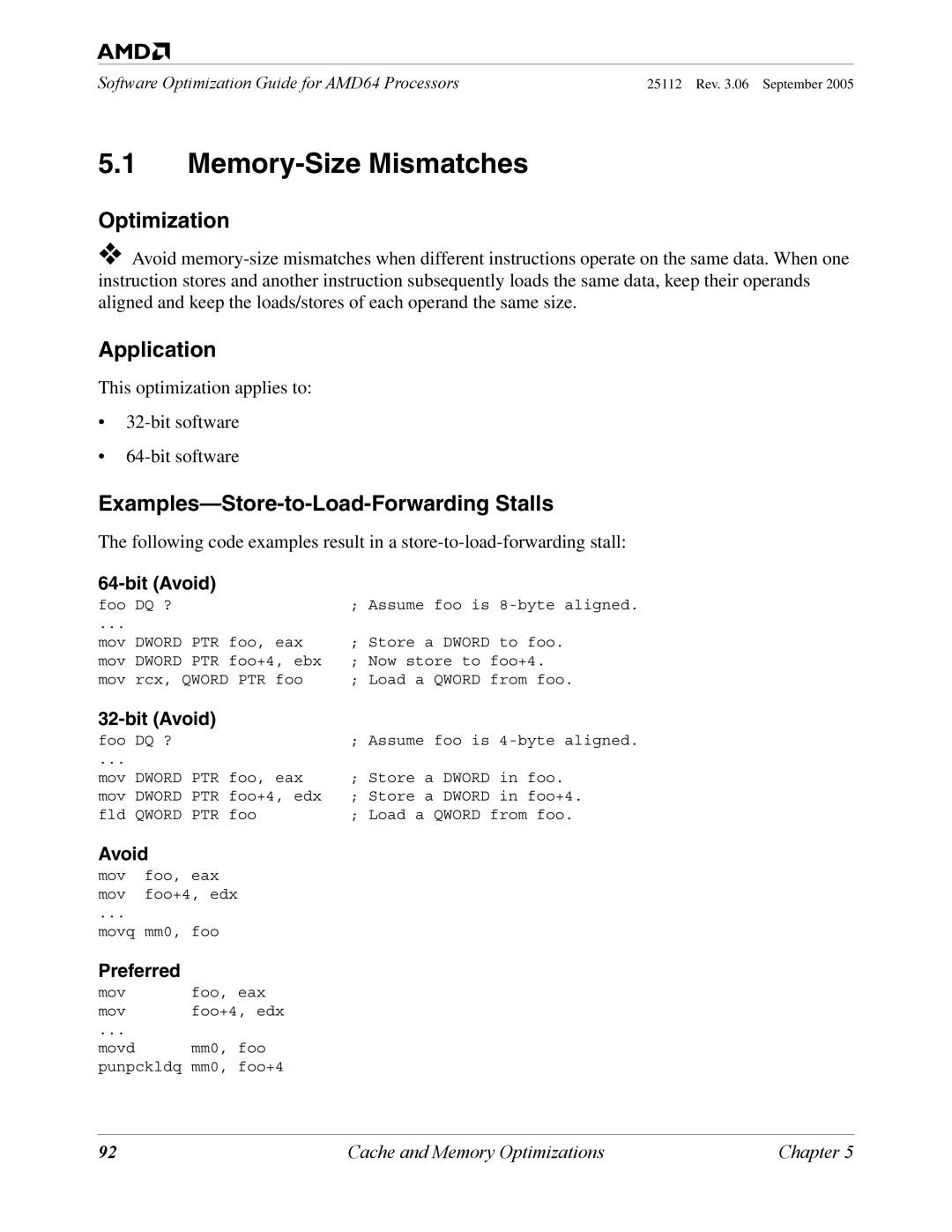 AMD 250 manual Memory-Size Mismatches, Examples-Store-to-Load-Forwarding Stalls, Bit Avoid, Preferred 