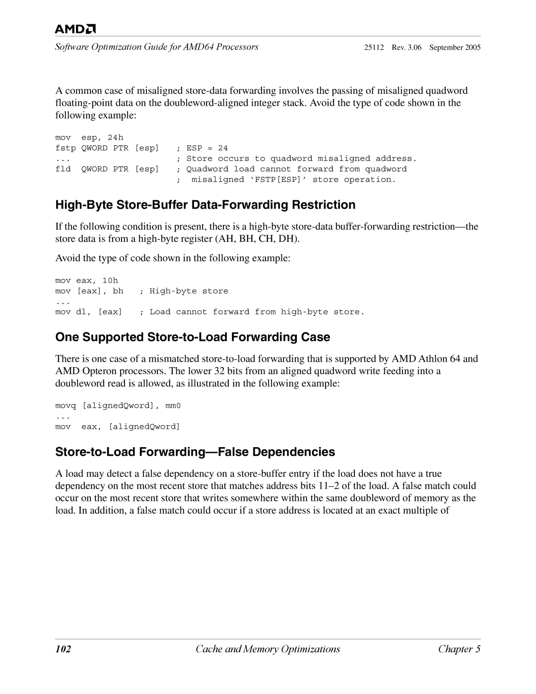 AMD 250 manual High-Byte Store-Buffer Data-Forwarding Restriction, One Supported Store-to-Load Forwarding Case, 102 