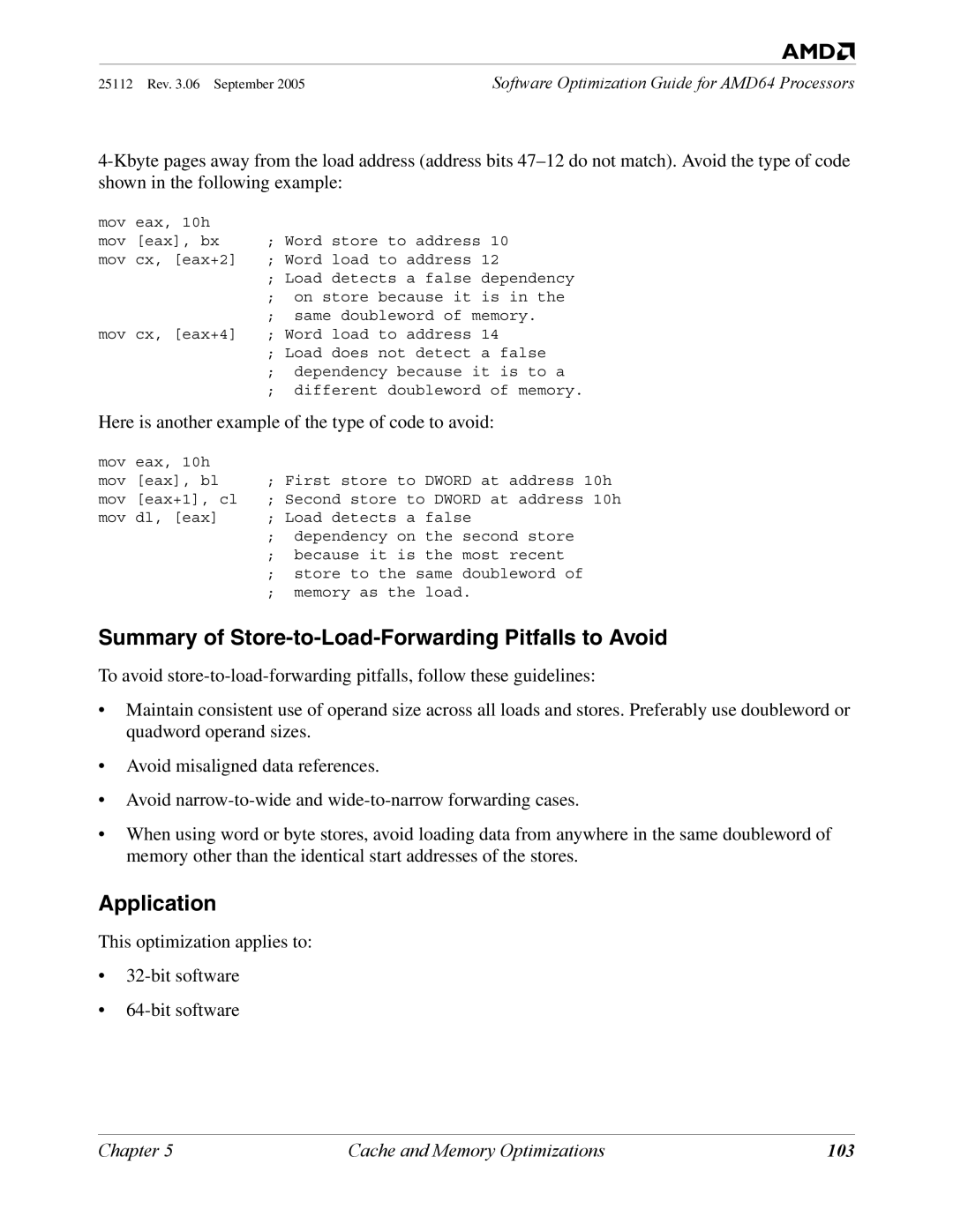 AMD 250 manual Summary of Store-to-Load-Forwarding Pitfalls to Avoid, 103 