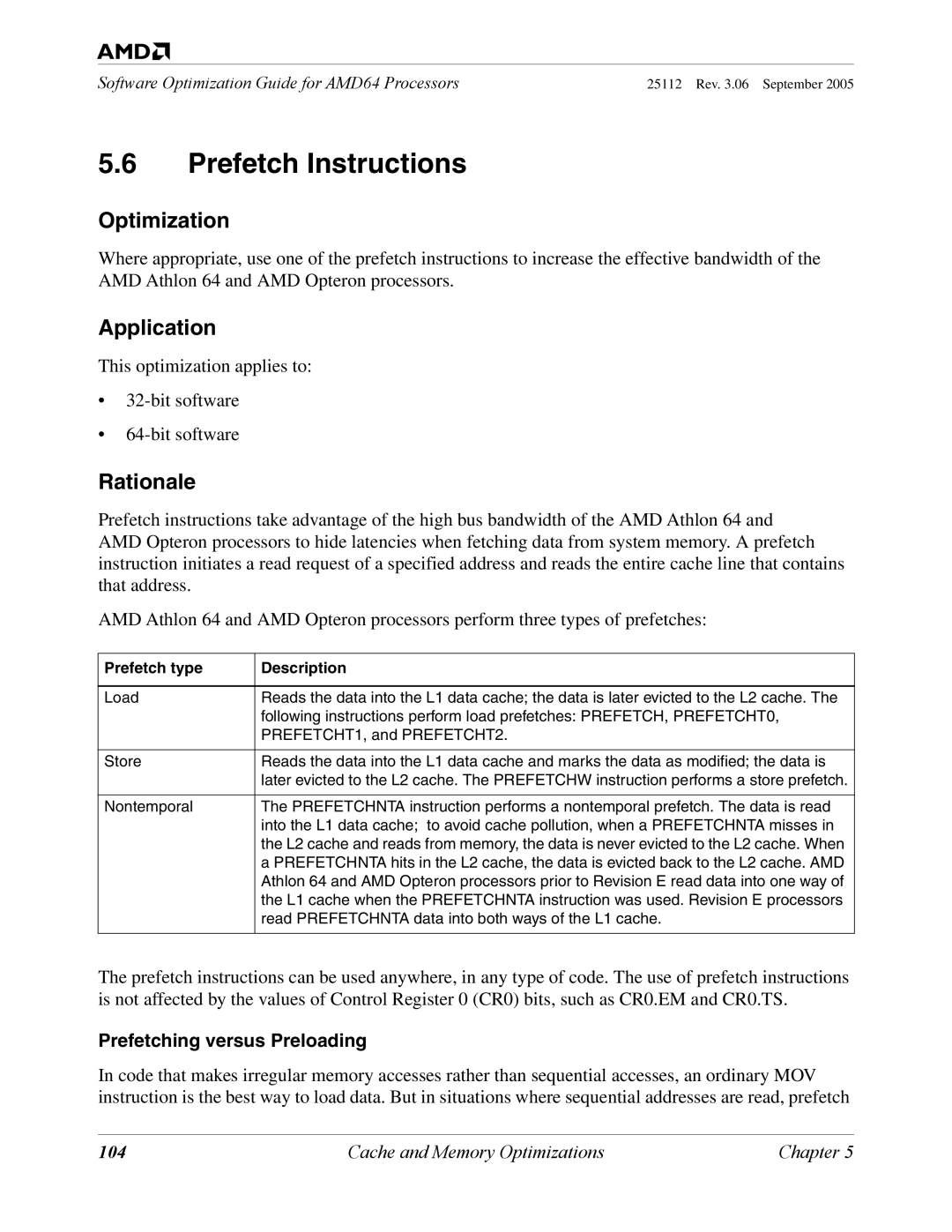 AMD 250 manual Prefetch Instructions, Prefetching versus Preloading, 104 