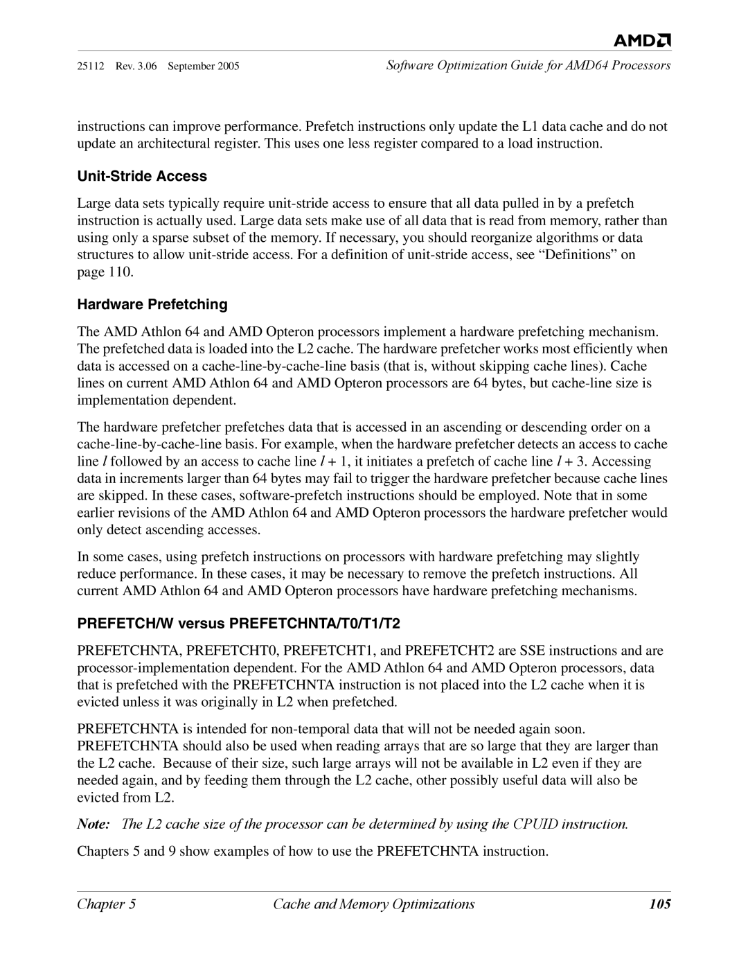 AMD 250 manual Unit-Stride Access, Hardware Prefetching, PREFETCH/W versus PREFETCHNTA/T0/T1/T2, 105 