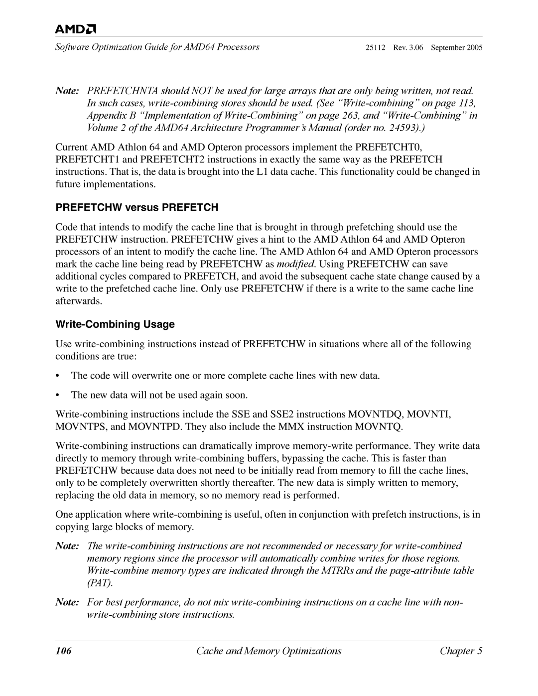 AMD 250 manual Prefetchw versus Prefetch, Write-Combining Usage, 106 