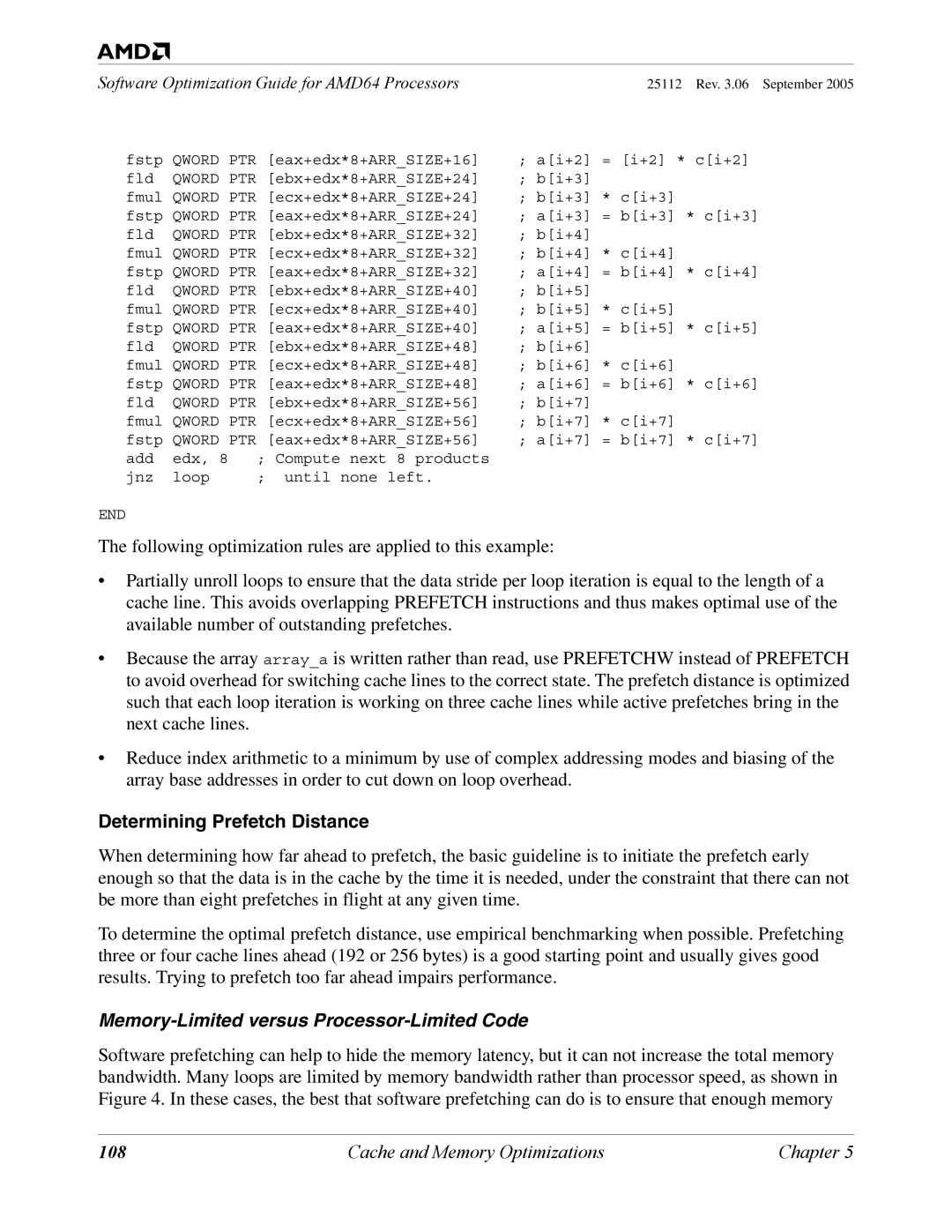 AMD 250 manual Determining Prefetch Distance, 108 