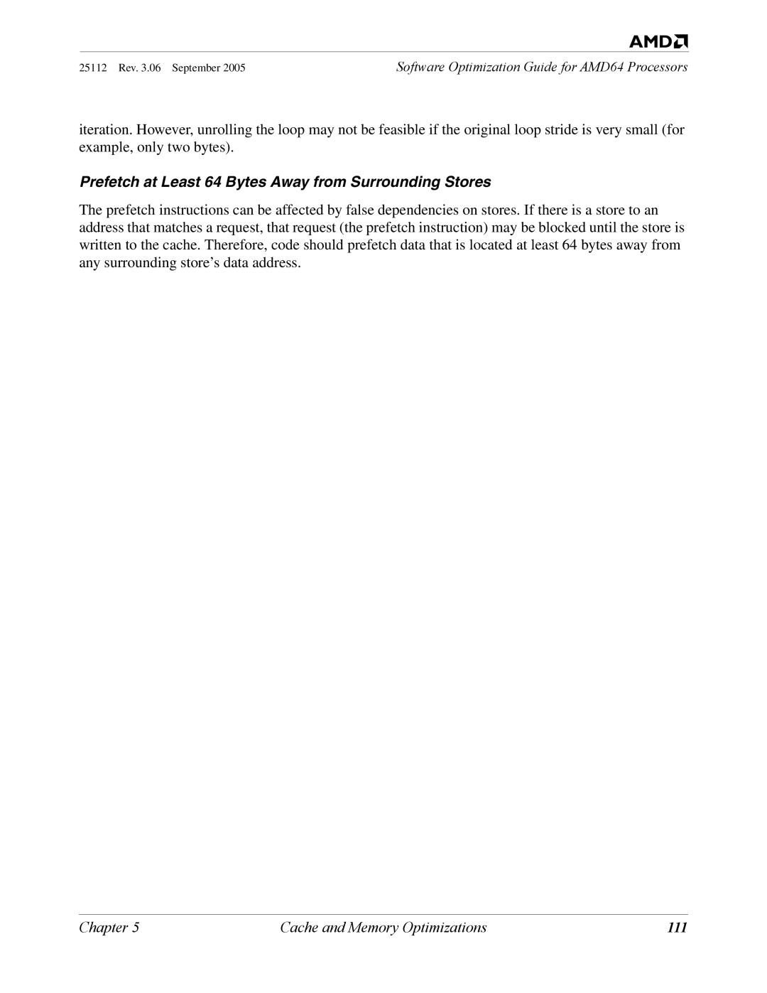 AMD 250 manual Prefetch at Least 64 Bytes Away from Surrounding Stores, 111 