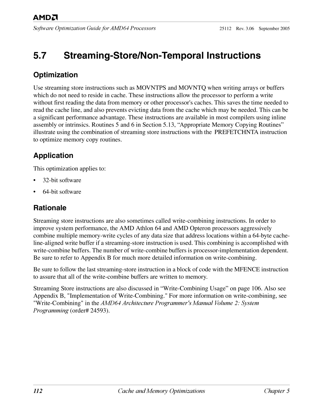 AMD 250 manual Streaming-Store/Non-Temporal Instructions, Optimization 