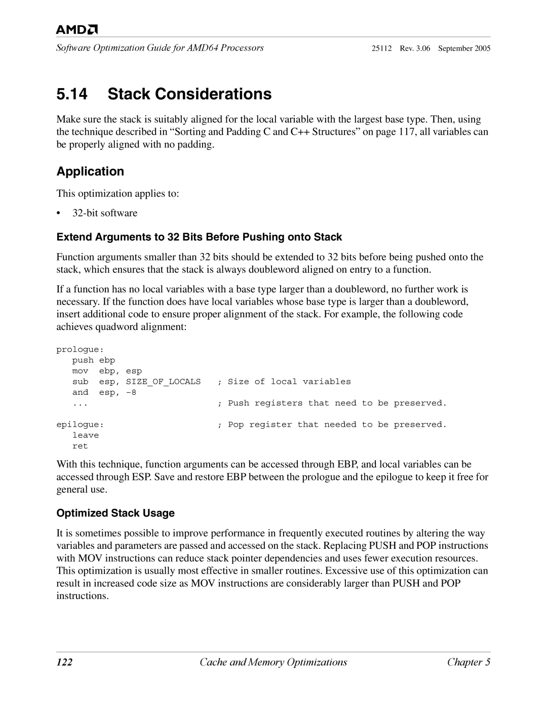 AMD 250 manual Stack Considerations, Extend Arguments to 32 Bits Before Pushing onto Stack, Optimized Stack Usage, 122 