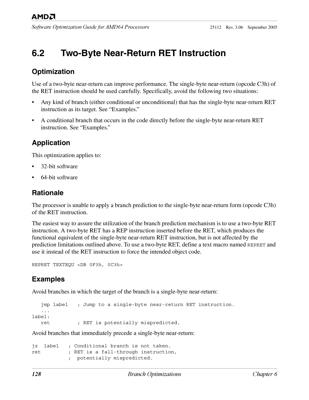 AMD 250 manual Two-Byte Near-Return RET Instruction, 128 