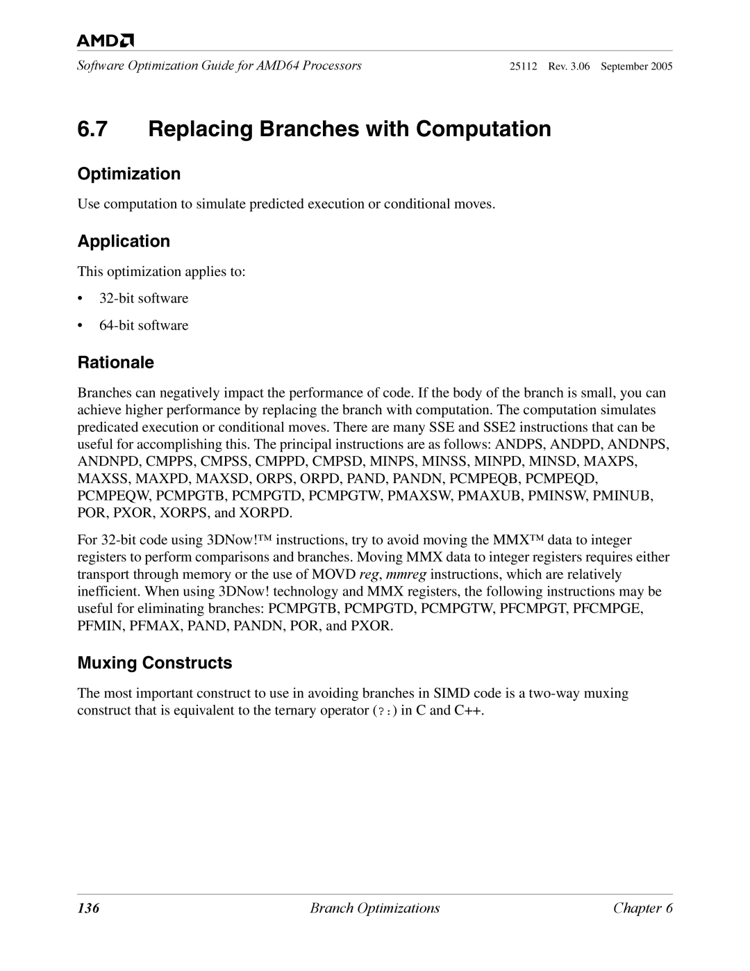 AMD 250 manual Replacing Branches with Computation, Muxing Constructs, 136 