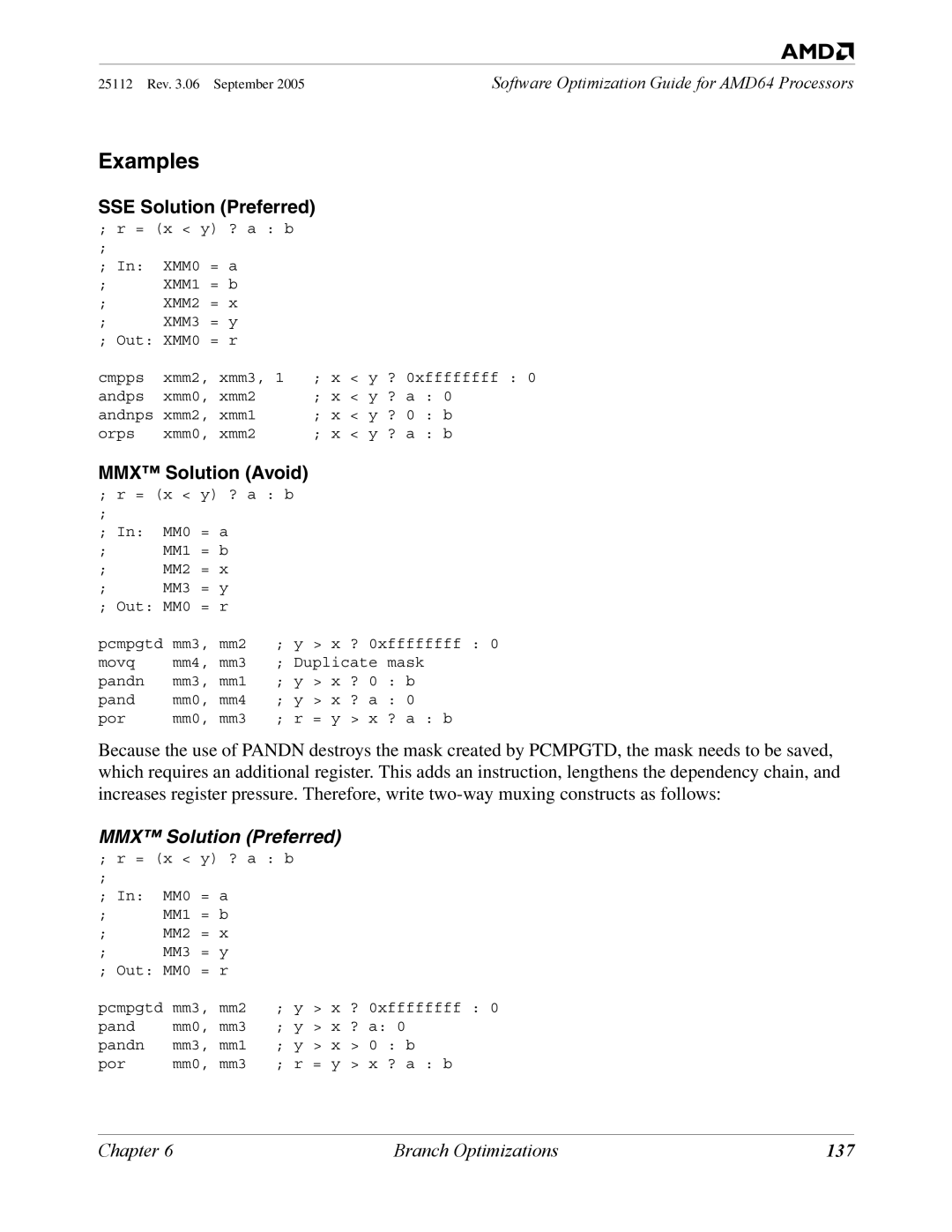 AMD 250 manual SSE Solution Preferred, MMX Solution Avoid, 137 