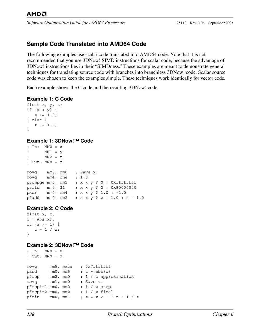 AMD 250 manual Sample Code Translated into AMD64 Code, Example 1 C Code, Example 1 3DNow! Code, Example 2 C Code 