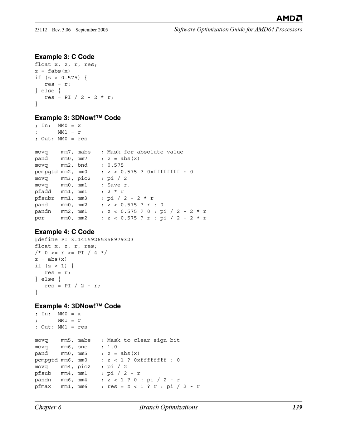 AMD 250 manual Example 3 C Code, Example 3 3DNow! Code, Example 4 C Code, Example 4 3DNow! Code, 139 