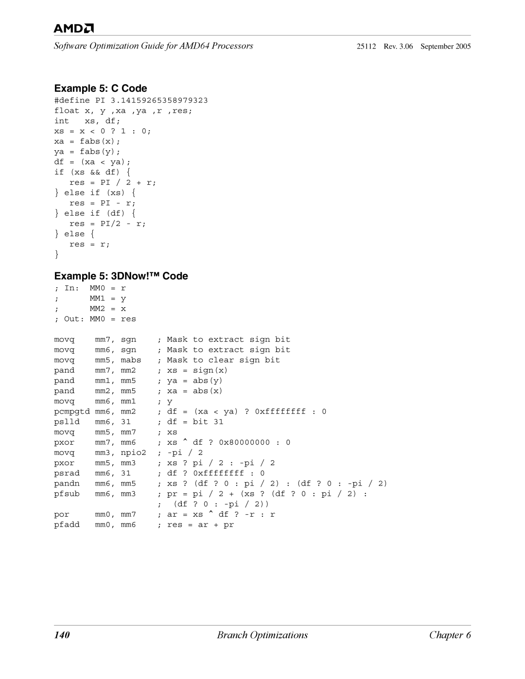 AMD 250 manual Example 5 C Code, Example 5 3DNow! Code, 140 