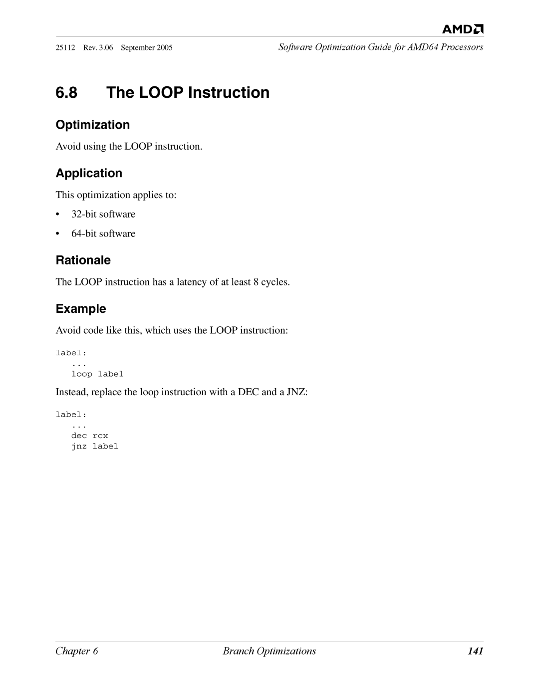 AMD 250 manual Loop Instruction, 141 