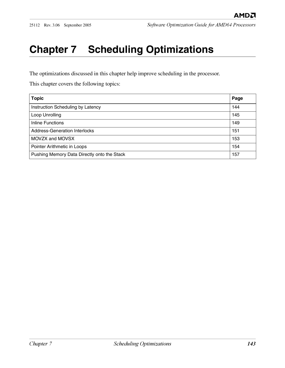 AMD 250 manual Chapter Scheduling Optimizations, 143 