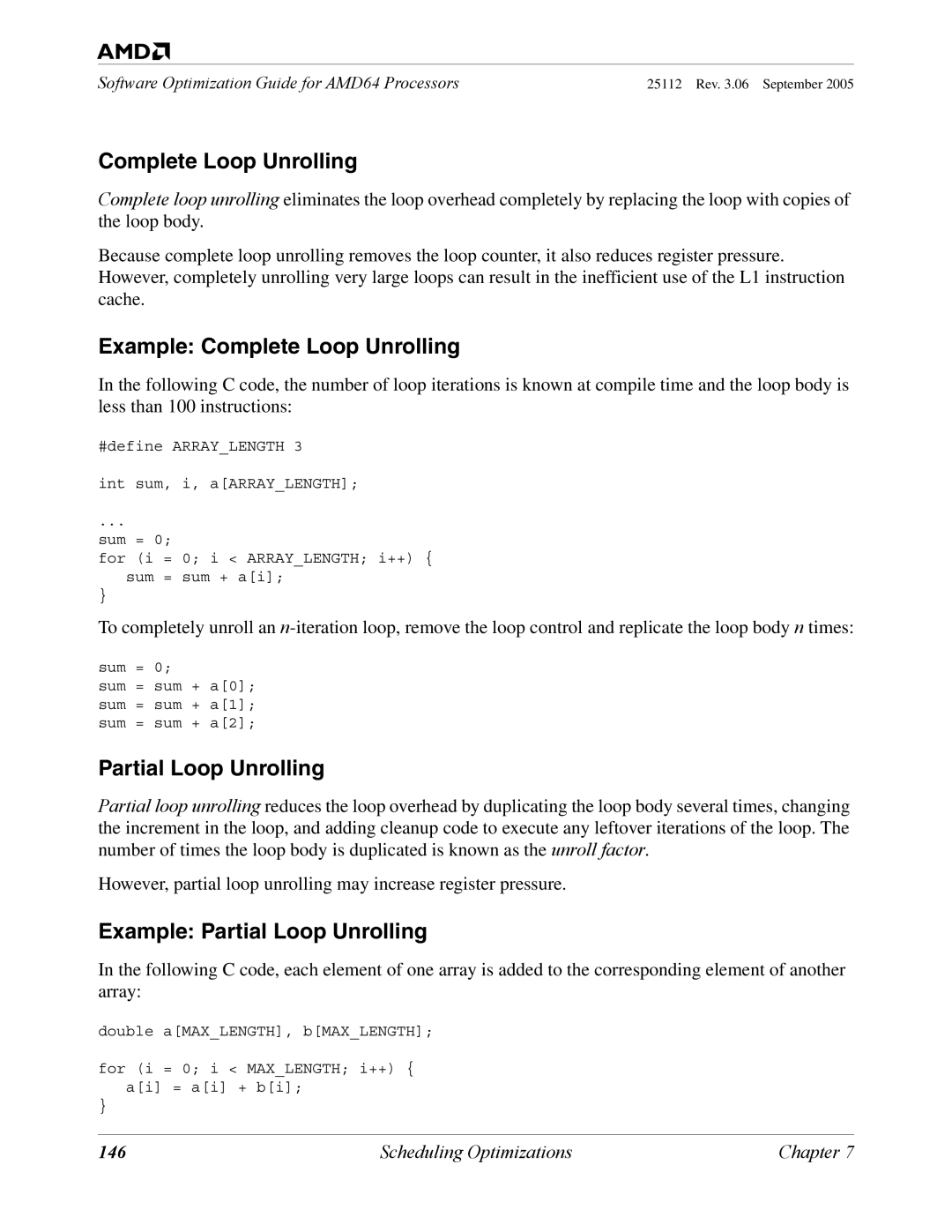 AMD 250 manual Example Complete Loop Unrolling, Example Partial Loop Unrolling, 146 