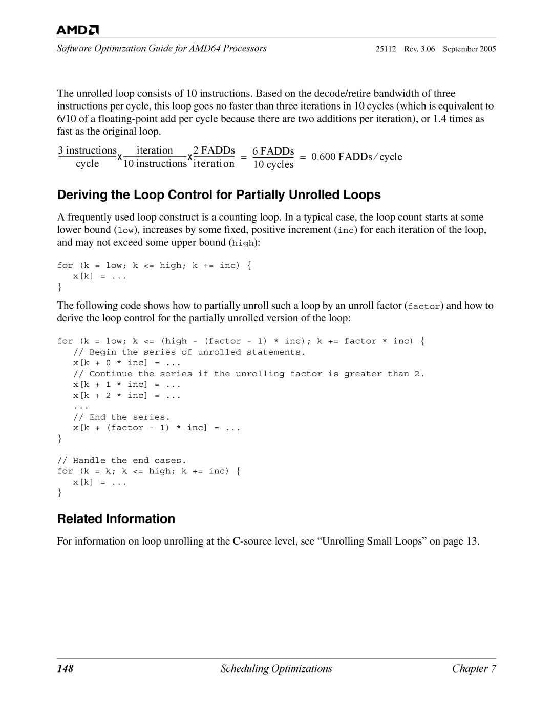 AMD 250 manual Deriving the Loop Control for Partially Unrolled Loops, 148 