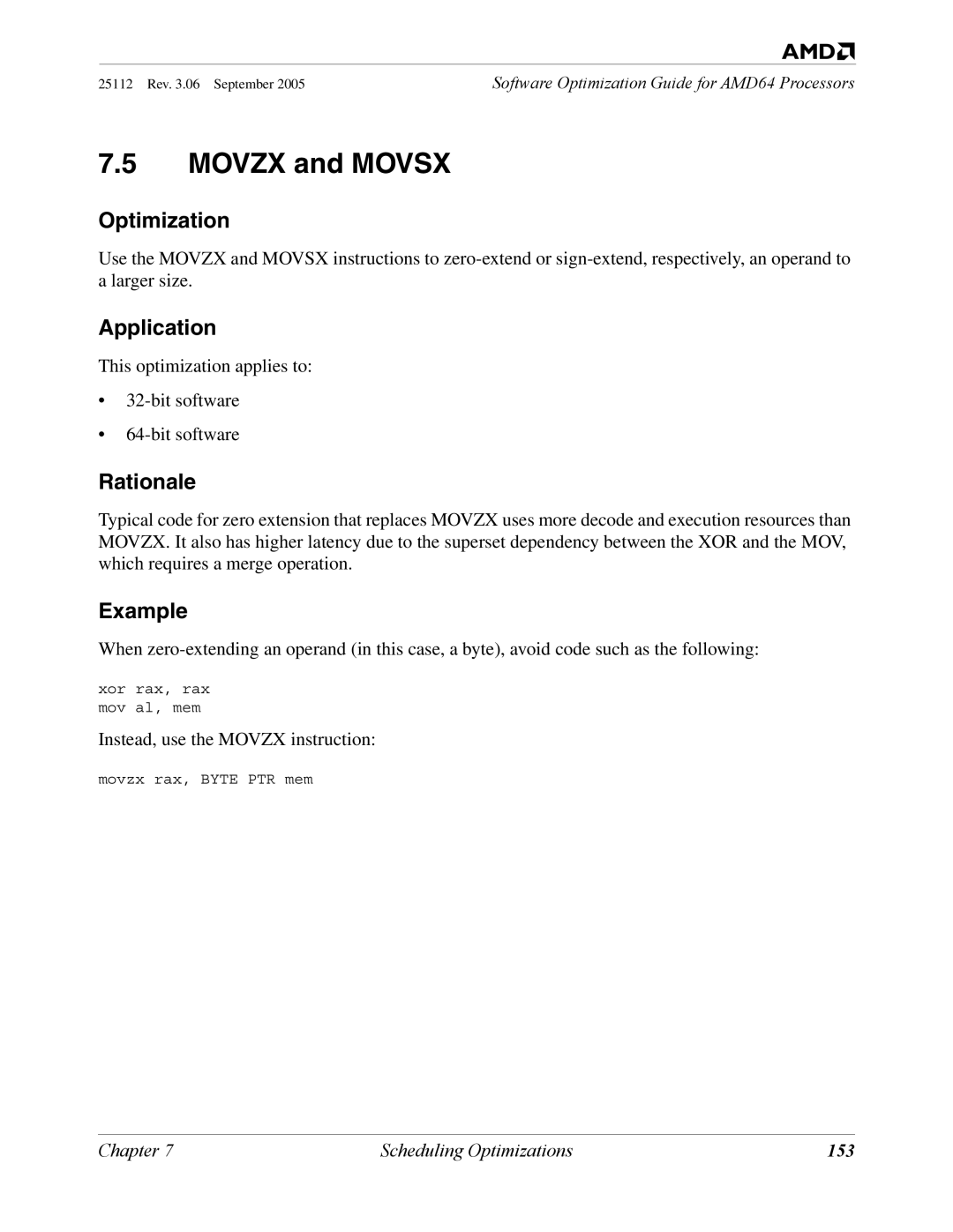 AMD 250 manual Movzx and Movsx, 153 