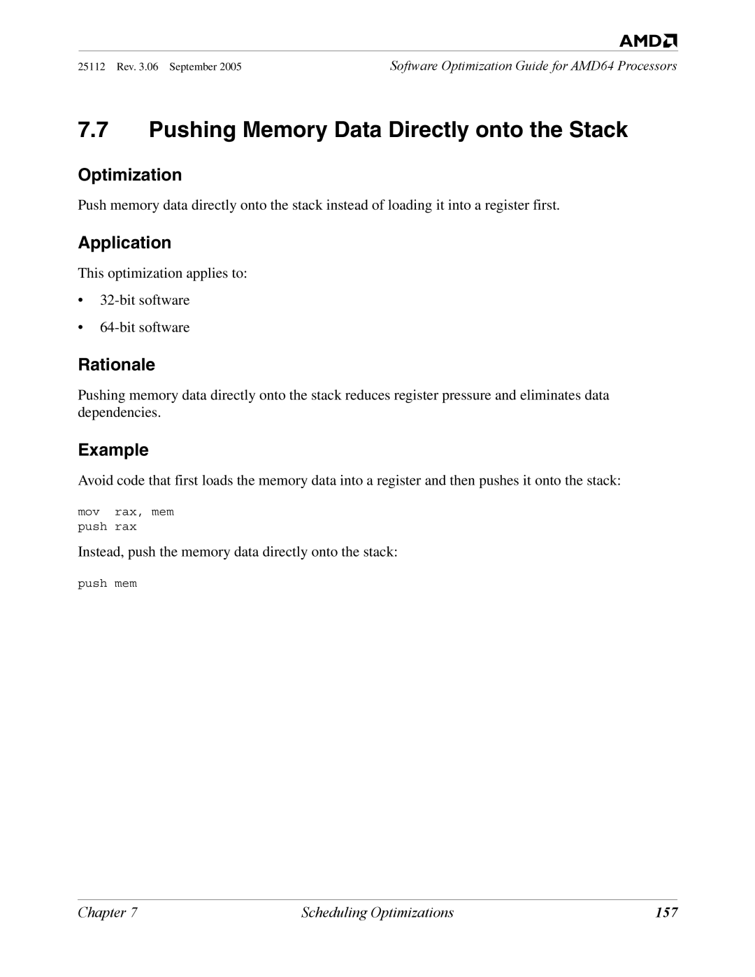 AMD 250 manual Pushing Memory Data Directly onto the Stack, 157 