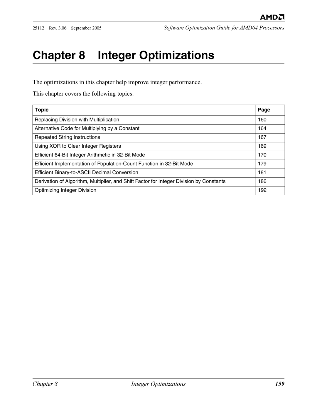 AMD 250 manual Chapter Integer Optimizations, 159 