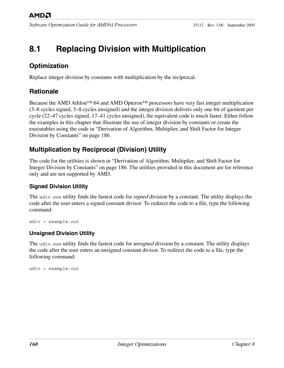 AMD 250 Replacing Division with Multiplication, Multiplication by Reciprocal Division Utility, Signed Division Utility 