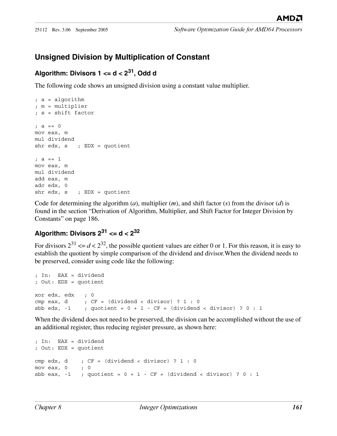 AMD 250 Unsigned Division by Multiplication of Constant, Algorithm Divisors 1 = d 231, Odd d, Algorithm Divisors 231 = d 