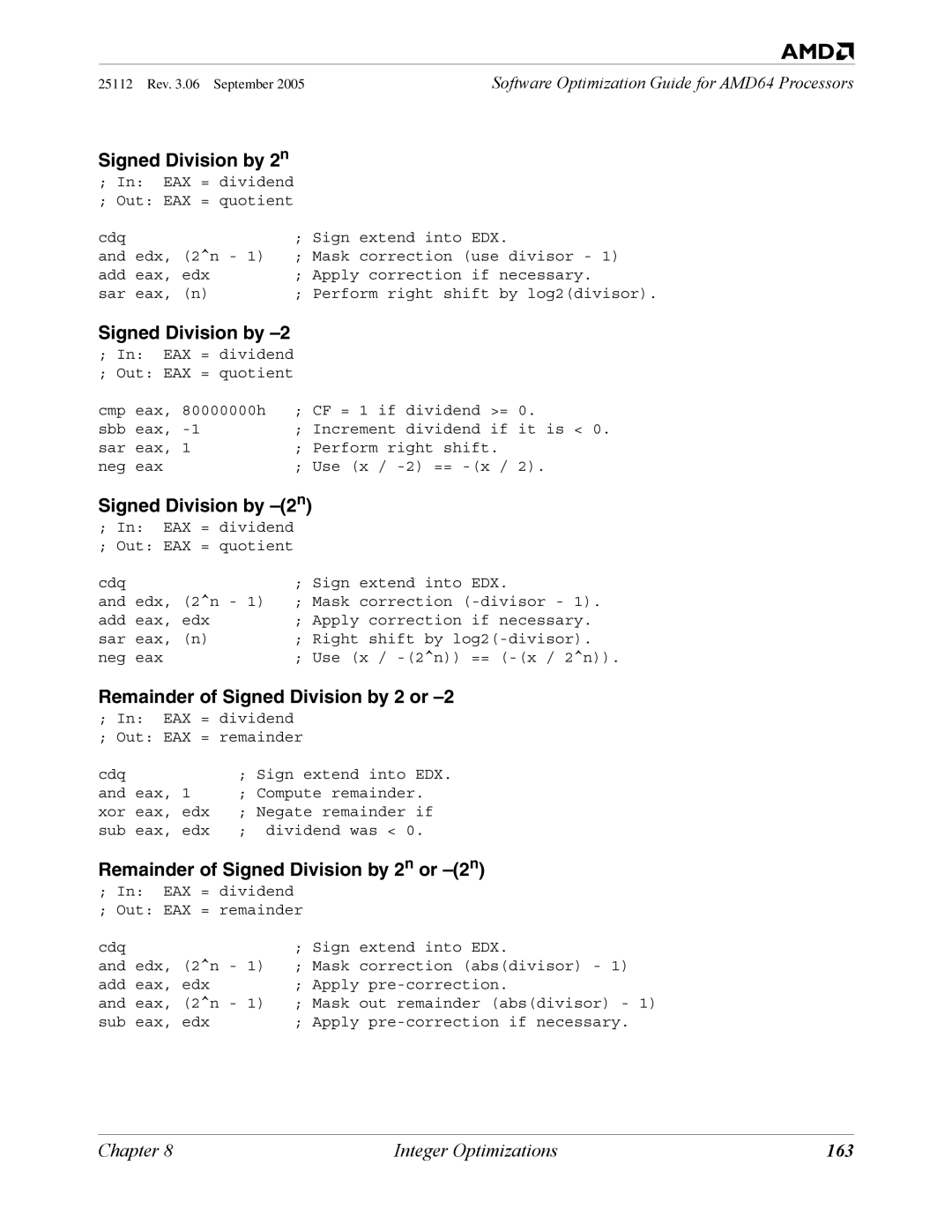 AMD 250 manual Signed Division by 2n, Signed Division by -2n, Remainder of Signed Division by 2 or, 163 