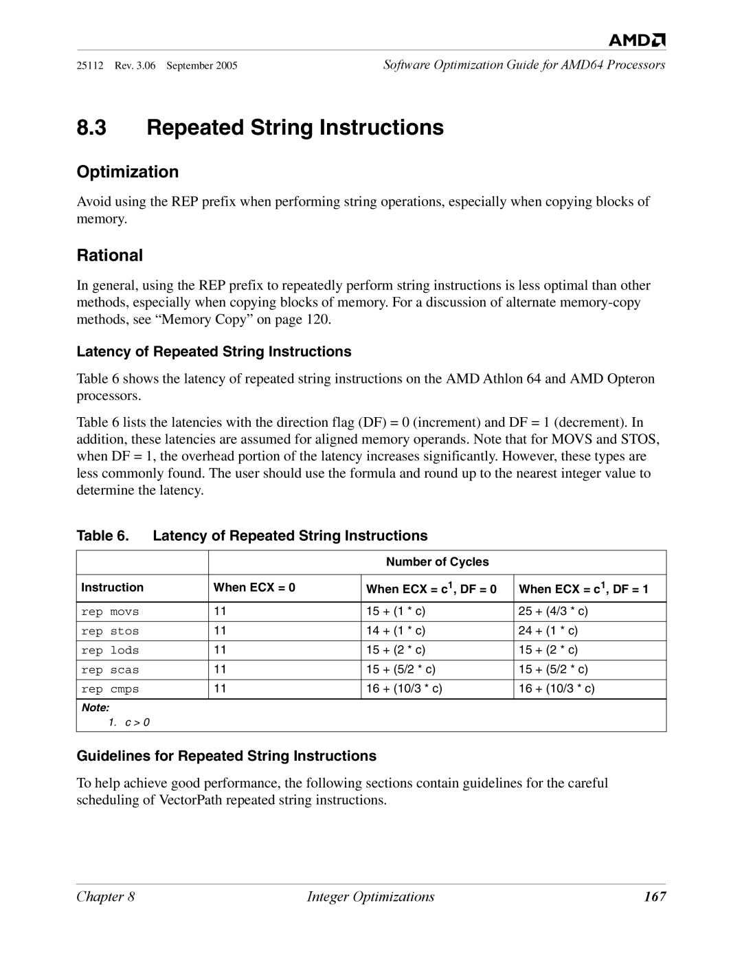 AMD 250 manual Latency of Repeated String Instructions, Guidelines for Repeated String Instructions, 167 