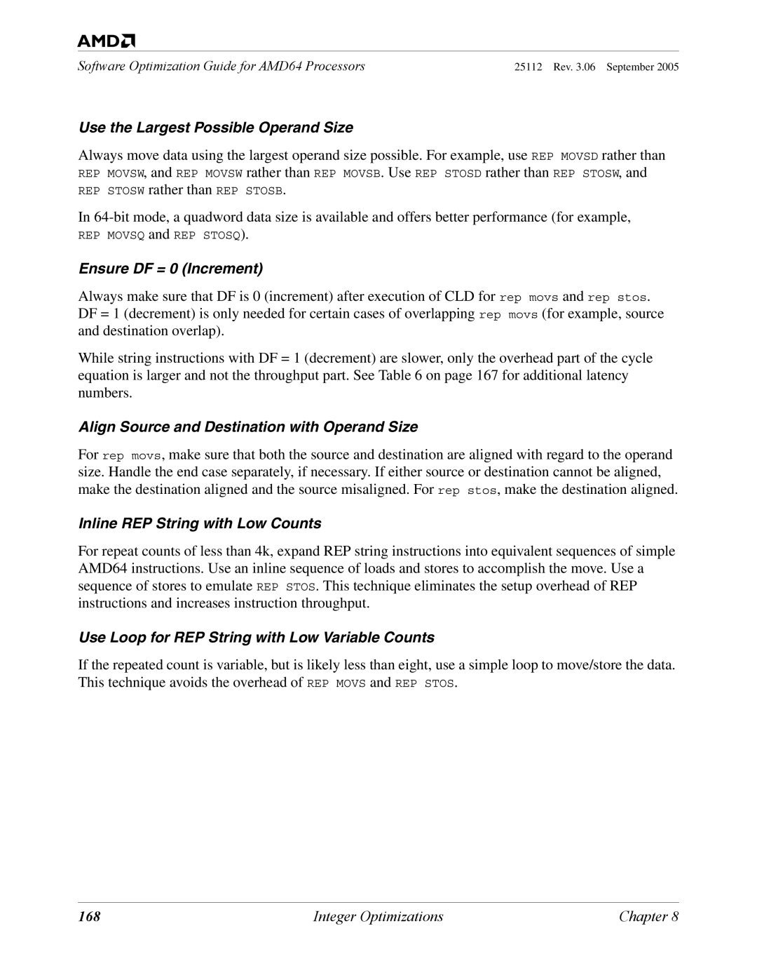 AMD 250 manual Use the Largest Possible Operand Size, 168 