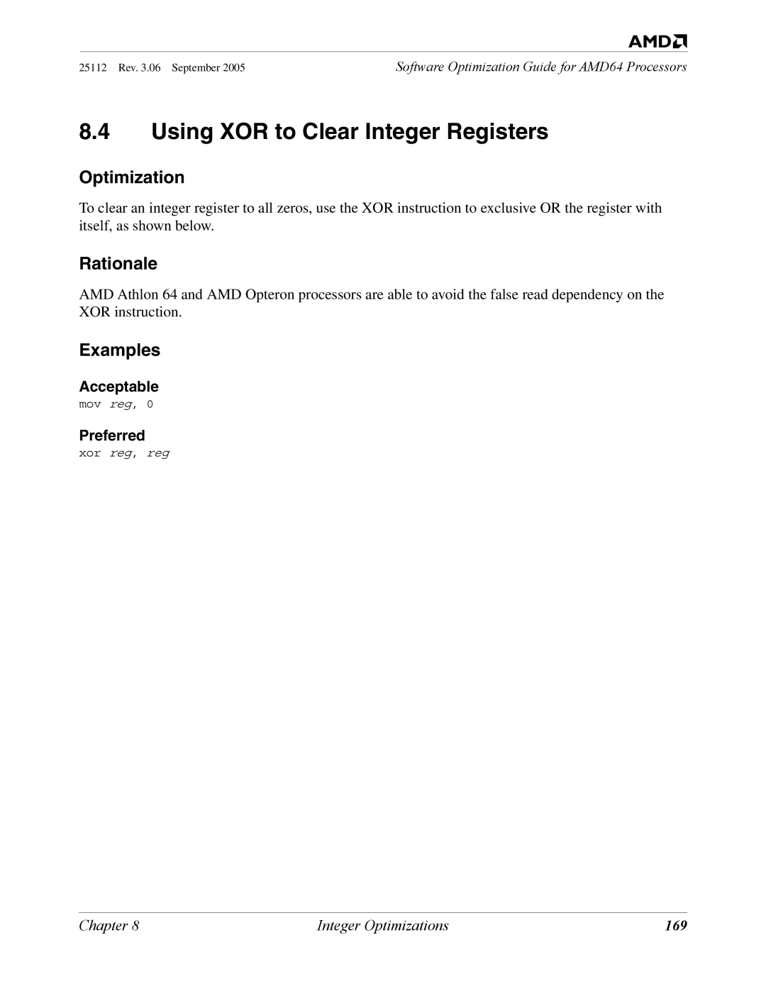 AMD 250 manual Using XOR to Clear Integer Registers, Acceptable, 169 