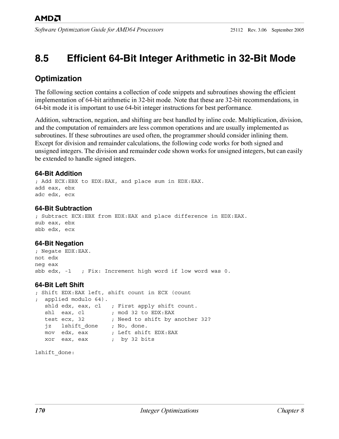 AMD 250 Efficient 64-Bit Integer Arithmetic in 32-Bit Mode, Bit Addition, Bit Subtraction, Bit Negation, Bit Left Shift 