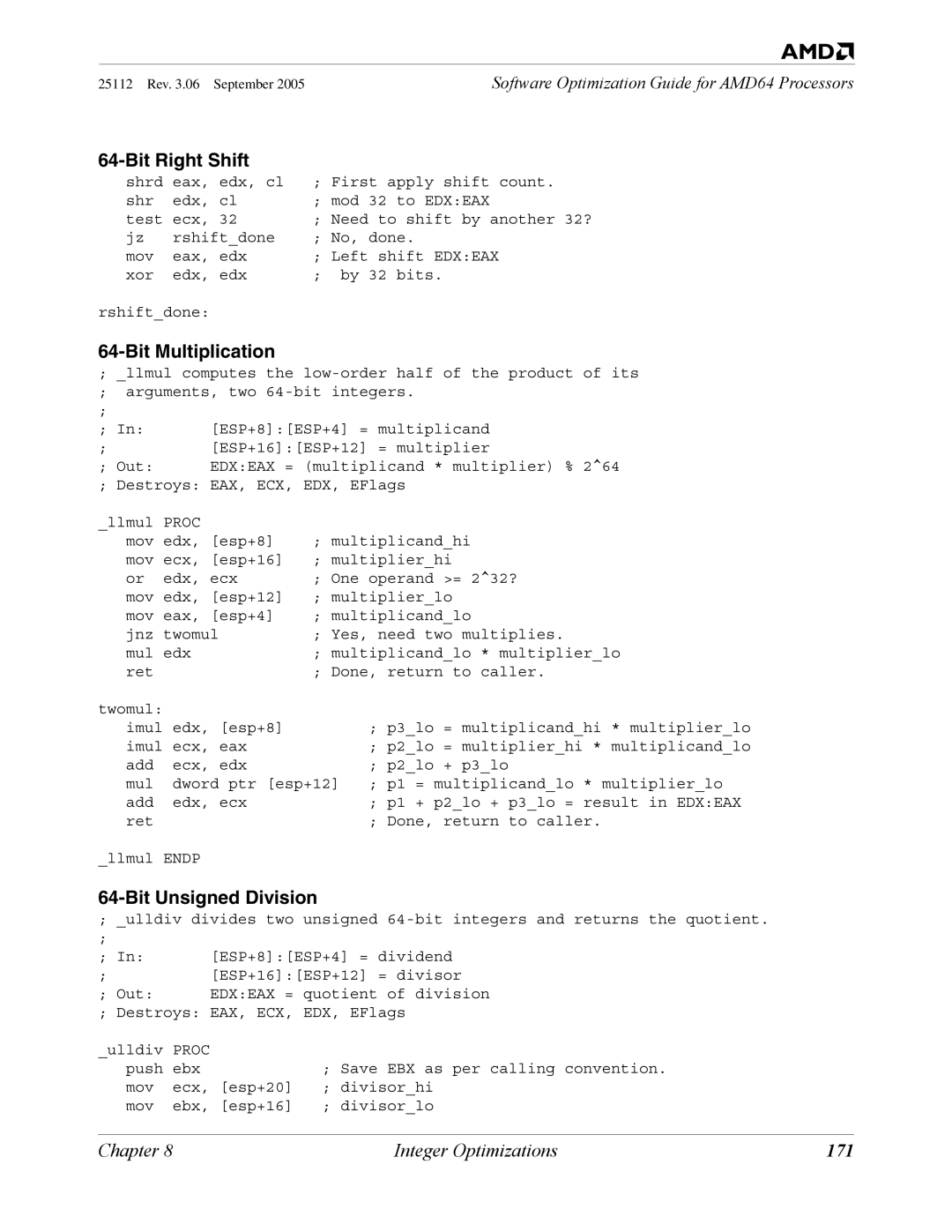 AMD 250 manual Bit Right Shift, Bit Multiplication, Bit Unsigned Division, 171 