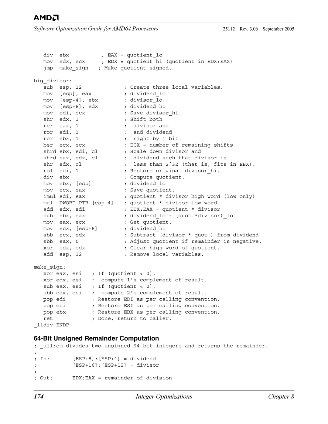 AMD 250 manual Bit Unsigned Remainder Computation, 174 