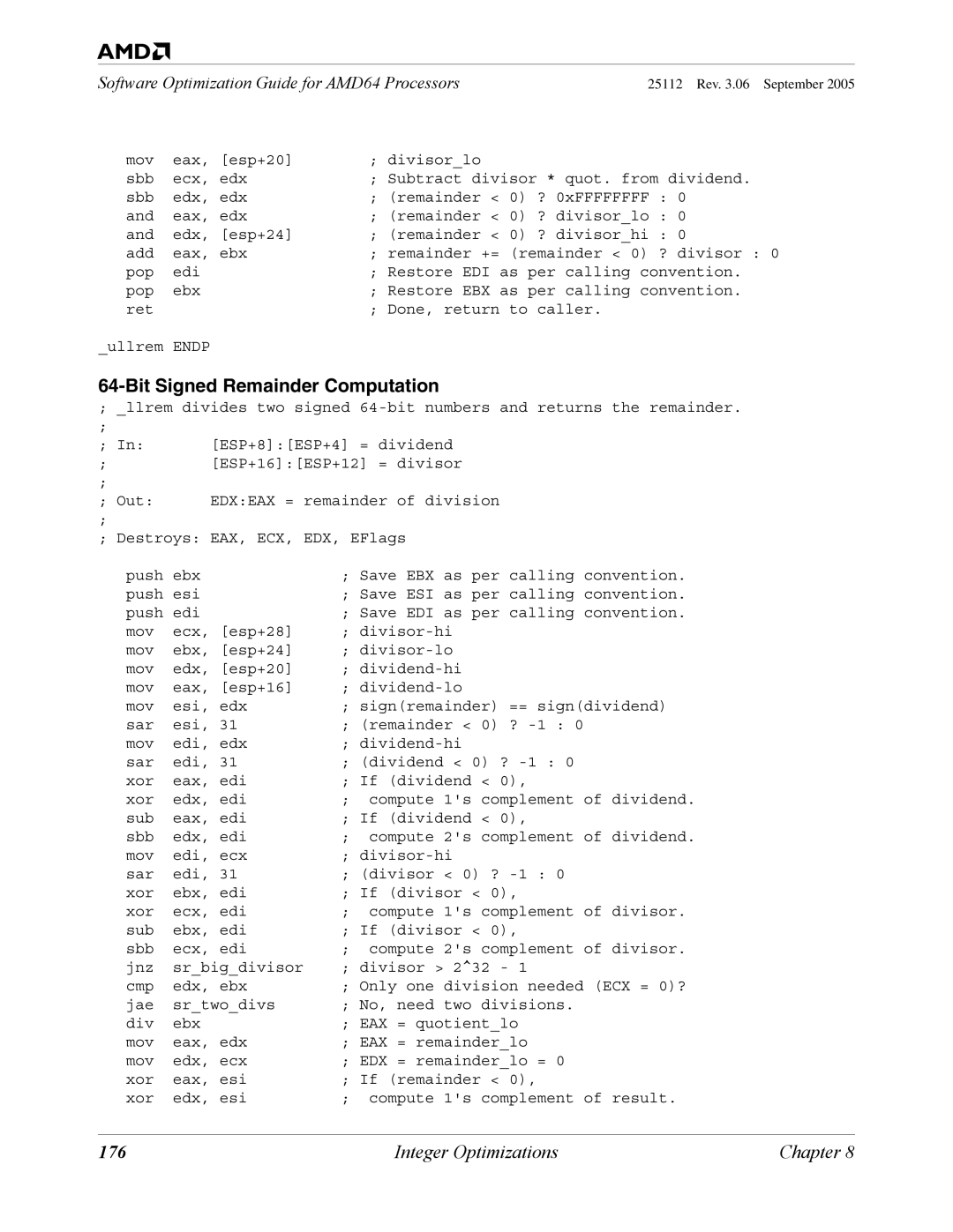 AMD 250 manual Bit Signed Remainder Computation, 176 