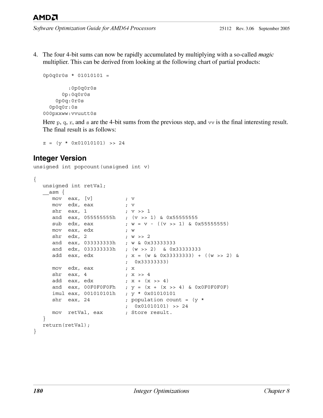 AMD 250 manual Integer Version, 180 