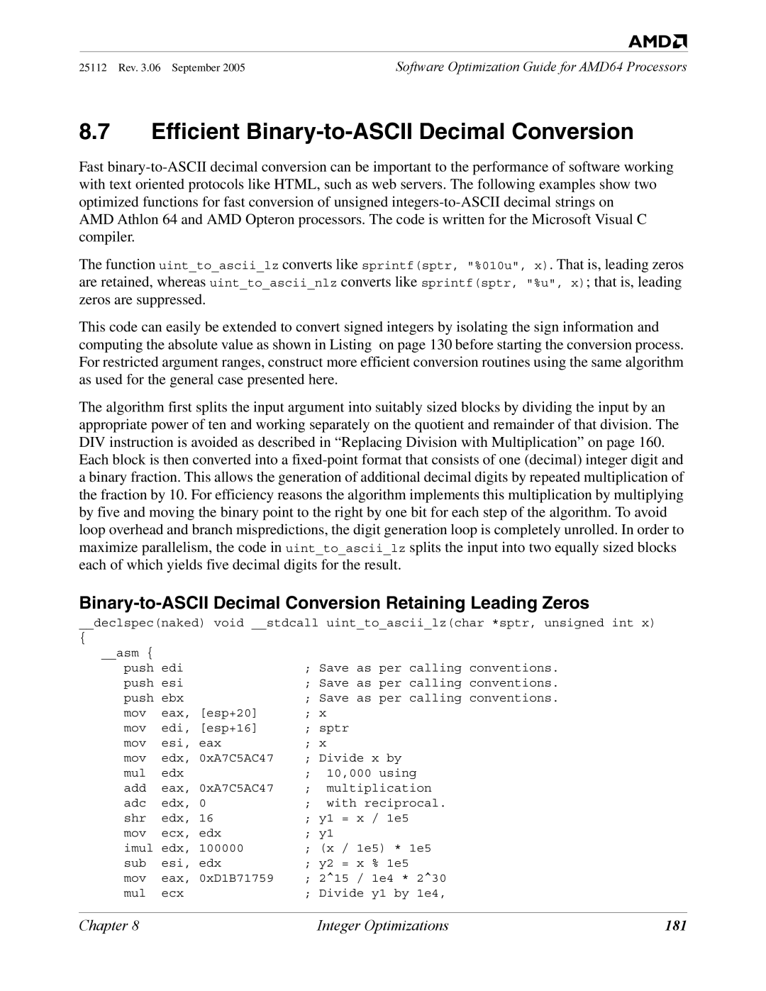 AMD 250 Efficient Binary-to-ASCII Decimal Conversion, Binary-to-ASCII Decimal Conversion Retaining Leading Zeros, 181 