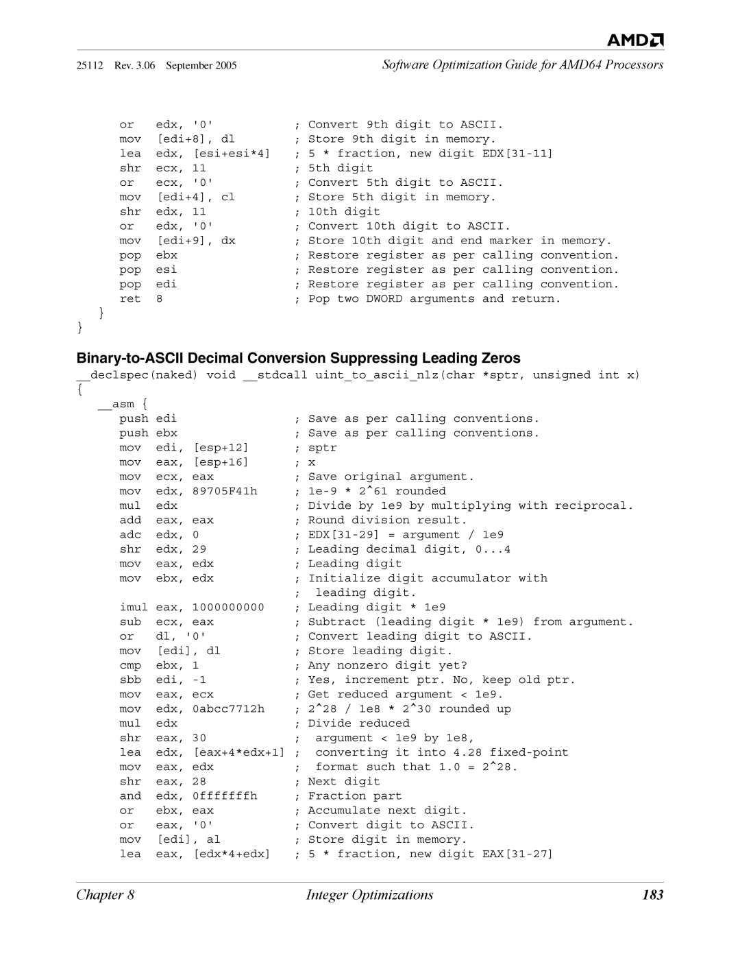 AMD 250 manual Binary-to-ASCII Decimal Conversion Suppressing Leading Zeros, 183 