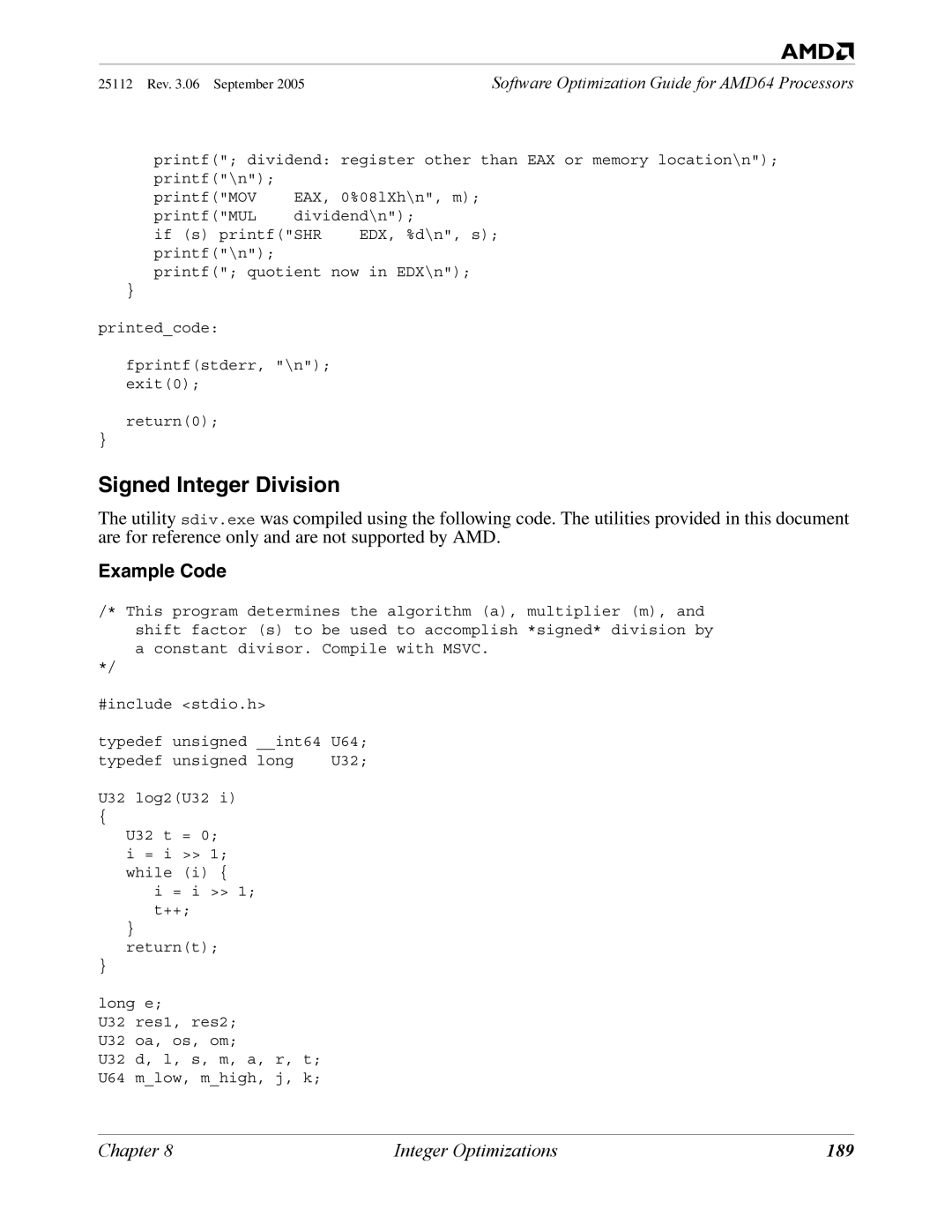 AMD 250 manual Signed Integer Division, Example Code, 189 